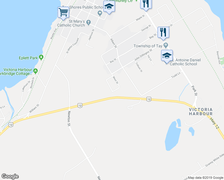 map of restaurants, bars, coffee shops, grocery stores, and more near Sheppard Drive in Simcoe County