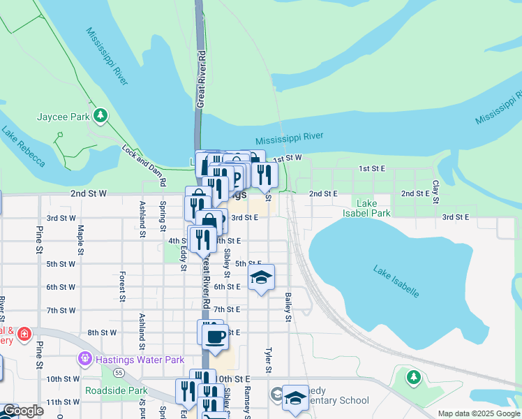 map of restaurants, bars, coffee shops, grocery stores, and more near 317 3rd Street East in Hastings