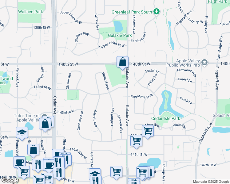 map of restaurants, bars, coffee shops, grocery stores, and more near 7088 142nd Street West in Apple Valley