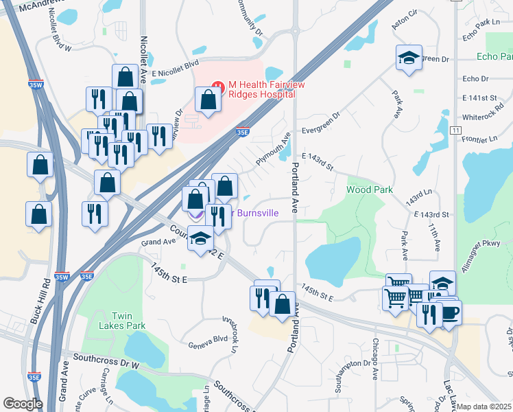 map of restaurants, bars, coffee shops, grocery stores, and more near 417 Upper Wood Way in Burnsville