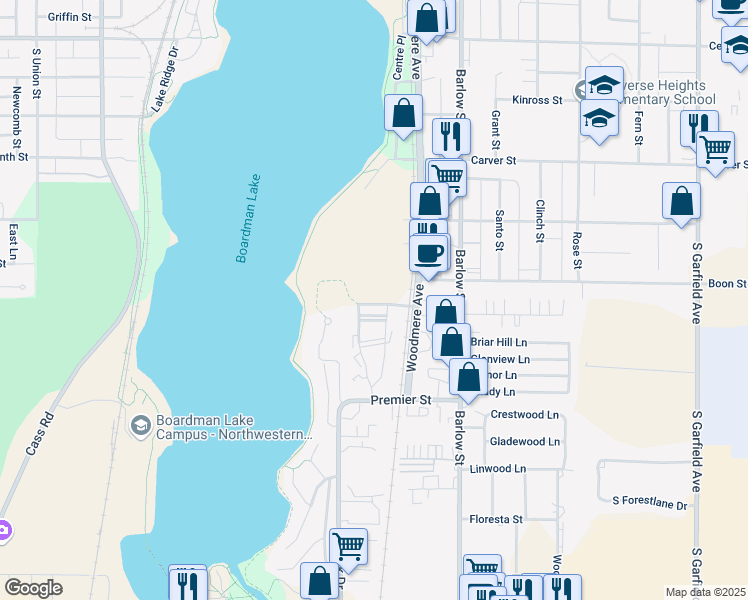map of restaurants, bars, coffee shops, grocery stores, and more near 1427 Newport Street in Traverse City