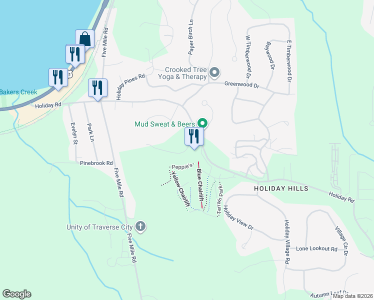 map of restaurants, bars, coffee shops, grocery stores, and more near 4099 Aspen Ridge Road in Traverse City