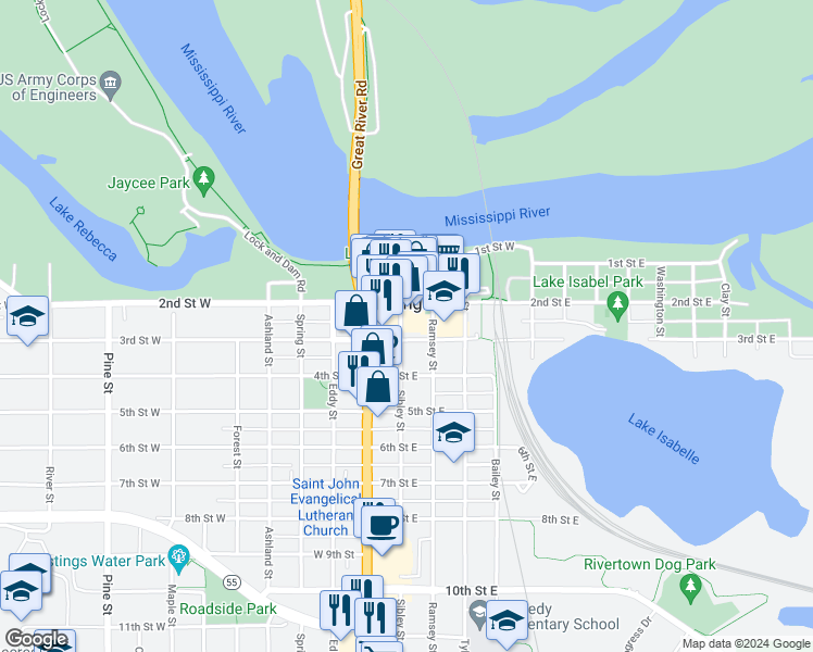 map of restaurants, bars, coffee shops, grocery stores, and more near 220 Sibley Street in Hastings