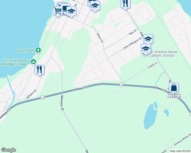 map of restaurants, bars, coffee shops, grocery stores, and more near 11 Hunter Avenue in Simcoe County