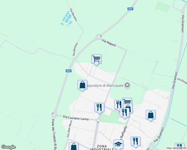 map of restaurants, bars, coffee shops, grocery stores, and more near Via Fratelli Guerra in Reggio Emilia