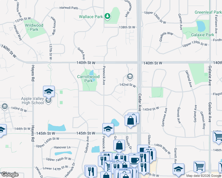 map of restaurants, bars, coffee shops, grocery stores, and more near 7759 142nd Street West in Apple Valley