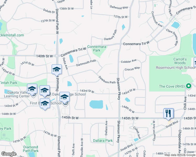map of restaurants, bars, coffee shops, grocery stores, and more near 14179 Davenport Path in Rosemount