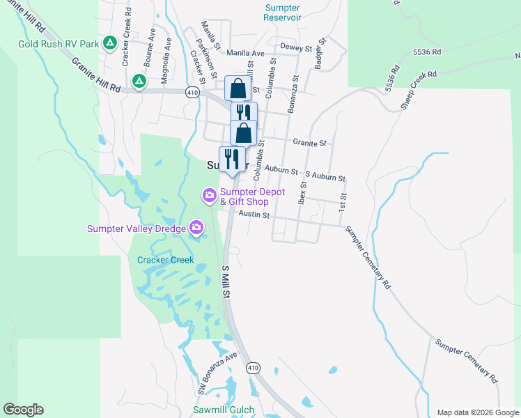 map of restaurants, bars, coffee shops, grocery stores, and more near 275 Austin Street in Sumpter