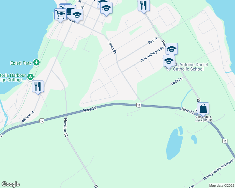 map of restaurants, bars, coffee shops, grocery stores, and more near 485 West Street in Simcoe County
