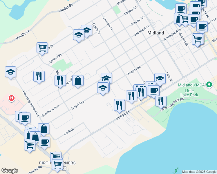 map of restaurants, bars, coffee shops, grocery stores, and more near 865 Hugel Avenue in Midland
