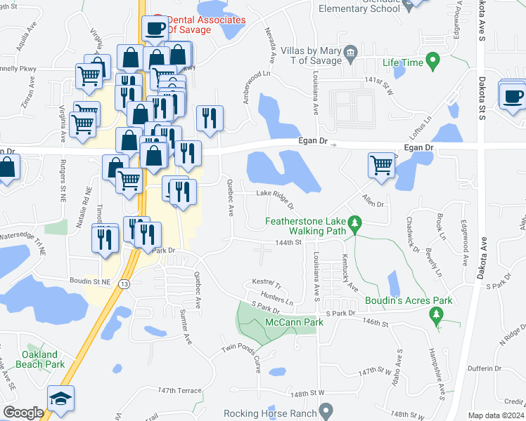 map of restaurants, bars, coffee shops, grocery stores, and more near 14328 Savanna Oaks Drive in Savage