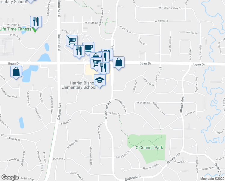 map of restaurants, bars, coffee shops, grocery stores, and more near 7401 144th Street West in Savage