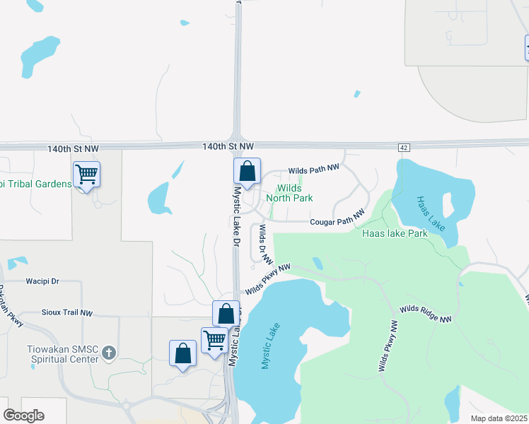 map of restaurants, bars, coffee shops, grocery stores, and more near 14199 Wilds Path Northwest in Prior Lake
