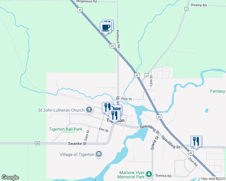 map of restaurants, bars, coffee shops, grocery stores, and more near 327 Oak Street in Tigerton