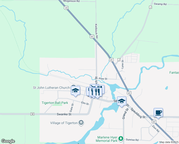map of restaurants, bars, coffee shops, grocery stores, and more near 327 Oak Street in Tigerton