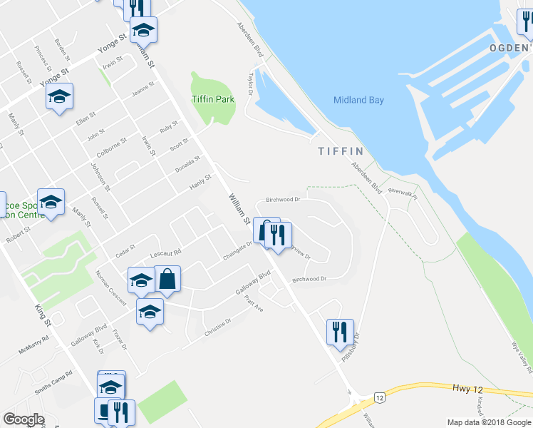 map of restaurants, bars, coffee shops, grocery stores, and more near 606 Bayview Drive in Midland
