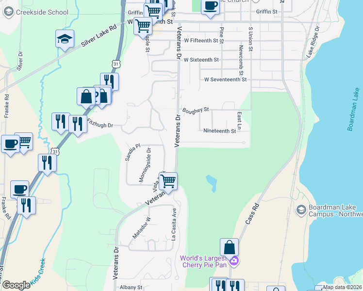map of restaurants, bars, coffee shops, grocery stores, and more near 3934 Veterans Dr in Traverse City