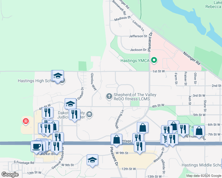 map of restaurants, bars, coffee shops, grocery stores, and more near 300 Whispering Lane in Hastings
