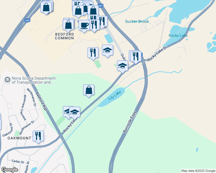 map of restaurants, bars, coffee shops, grocery stores, and more near 600 Rocky Lake Drive in Bedford