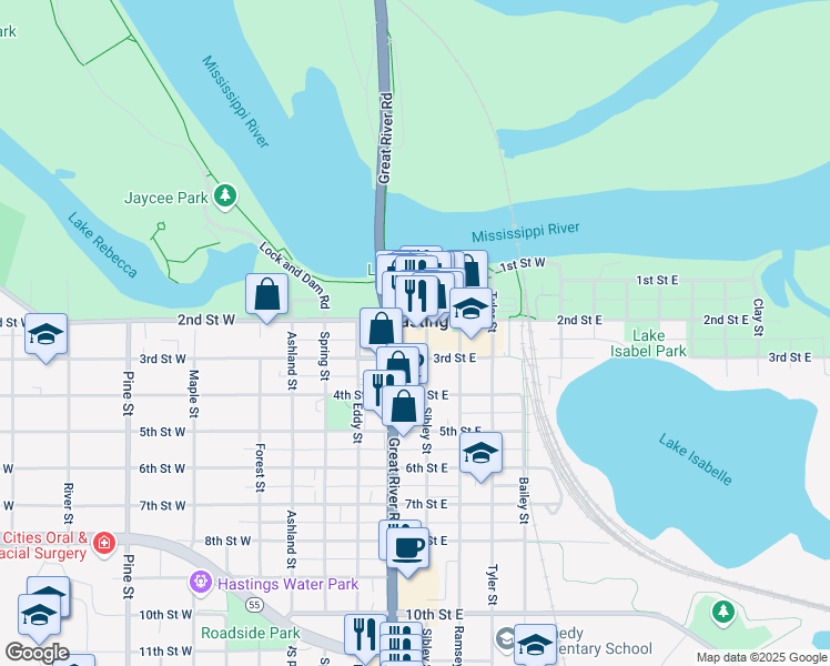 map of restaurants, bars, coffee shops, grocery stores, and more near 220 Sibley Street in Hastings