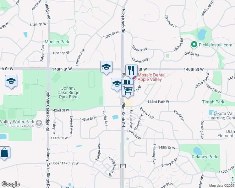 map of restaurants, bars, coffee shops, grocery stores, and more near 14011 Pilot Knob Road in Apple Valley