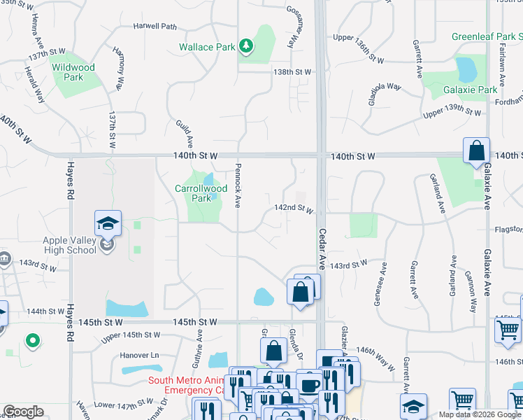 map of restaurants, bars, coffee shops, grocery stores, and more near 7759 142nd Street West in Apple Valley
