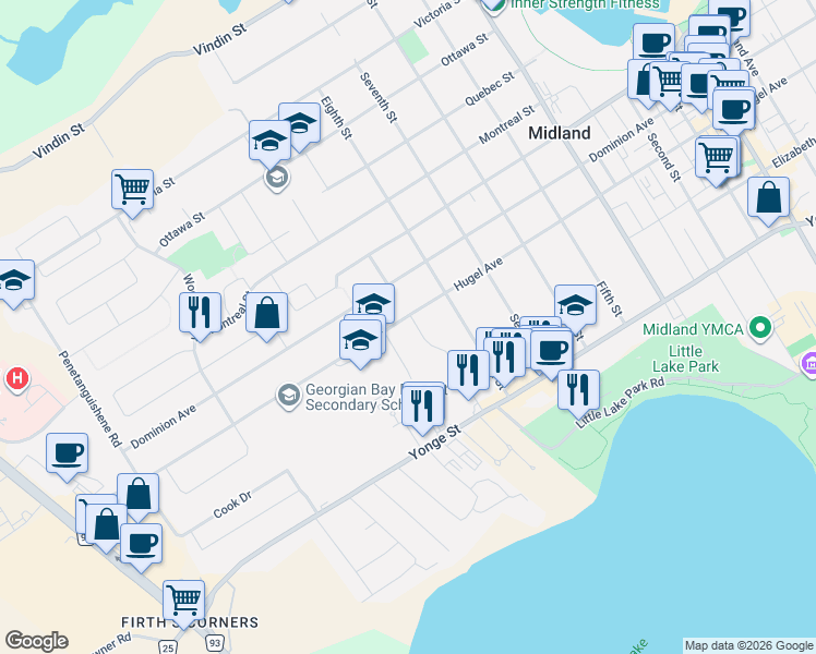 map of restaurants, bars, coffee shops, grocery stores, and more near 282 Norene Street in Midland