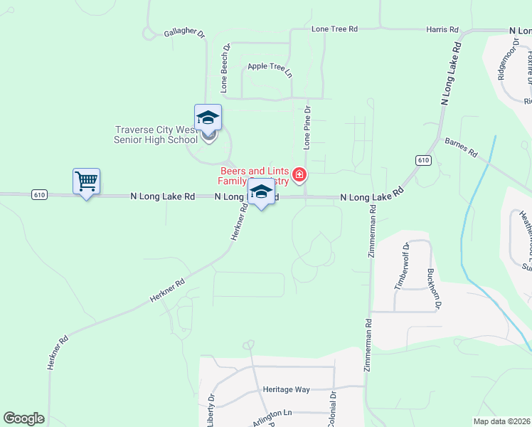 map of restaurants, bars, coffee shops, grocery stores, and more near 5360-5474 Herkner Road in Traverse City