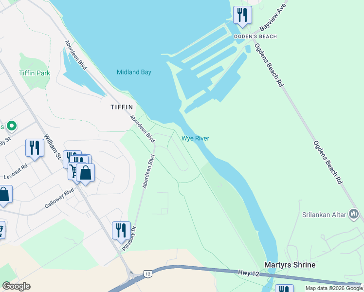 map of restaurants, bars, coffee shops, grocery stores, and more near 73 Riverwalk Place in Port McNicoll