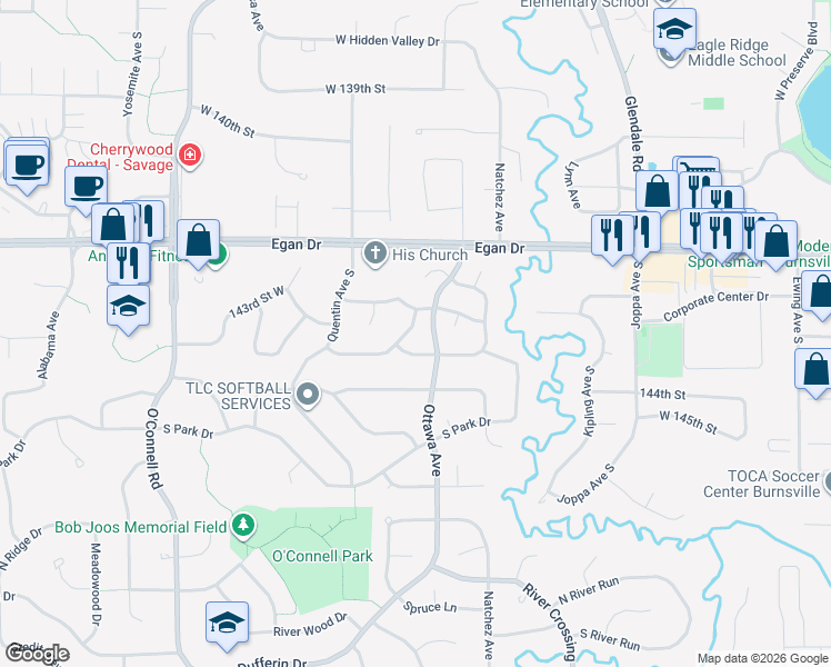 map of restaurants, bars, coffee shops, grocery stores, and more near 4929 144th Street in Savage