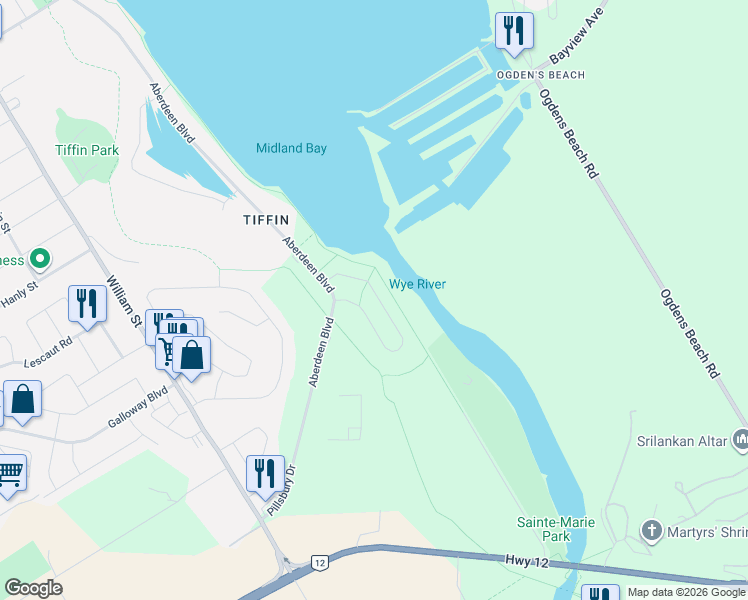 map of restaurants, bars, coffee shops, grocery stores, and more near 61 Riverwalk Place in Port McNicoll