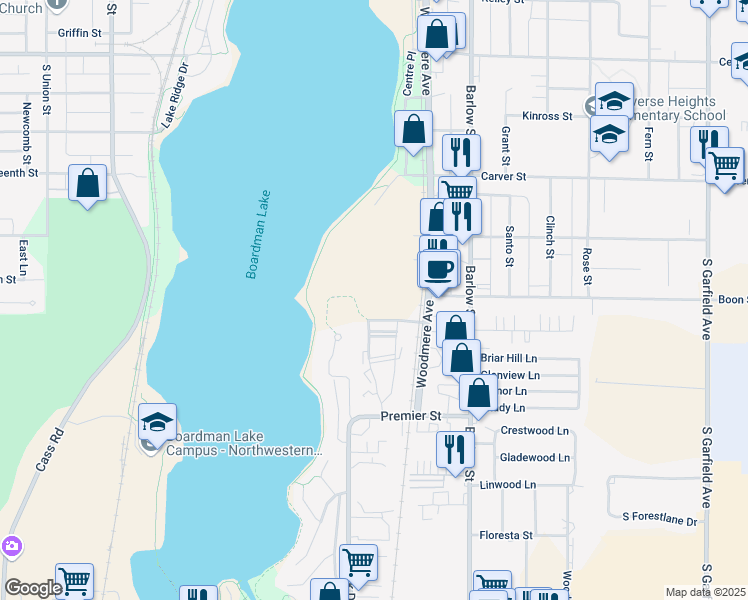 map of restaurants, bars, coffee shops, grocery stores, and more near 1427 Newport Street in Traverse City