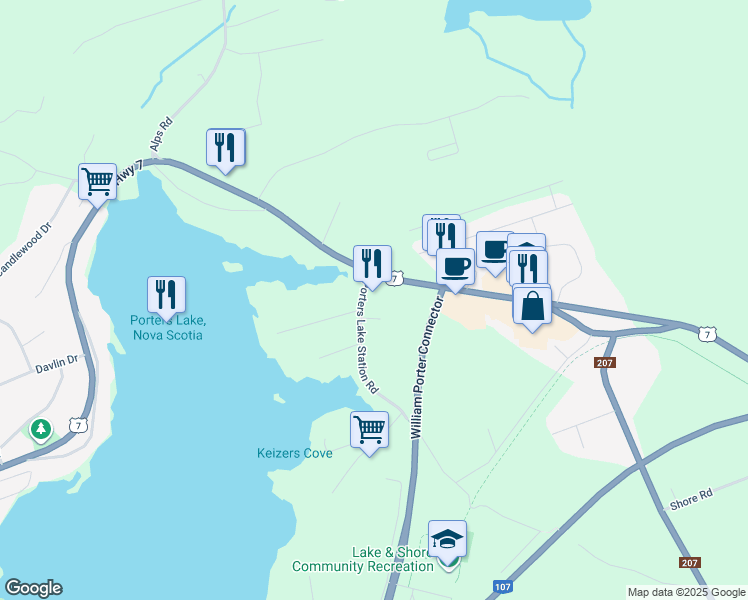 map of restaurants, bars, coffee shops, grocery stores, and more near 324 Porters Lake Station Road in Porters Lake