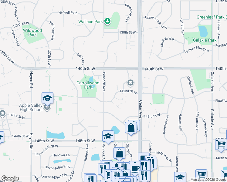 map of restaurants, bars, coffee shops, grocery stores, and more near 7675 142nd Street West in Apple Valley