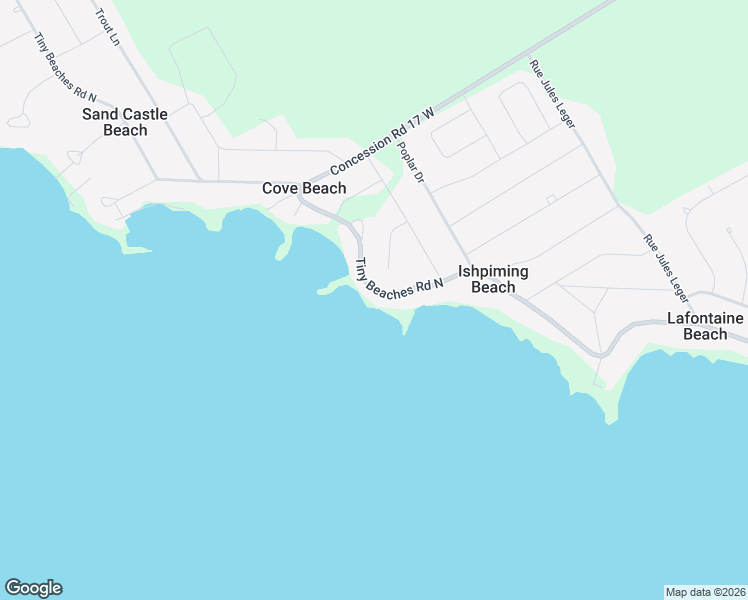 map of restaurants, bars, coffee shops, grocery stores, and more near 1540 Tiny Beaches Road North in Simcoe County