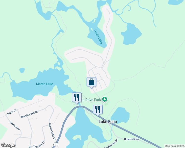 map of restaurants, bars, coffee shops, grocery stores, and more near 8 Happy Drive in Lake Echo