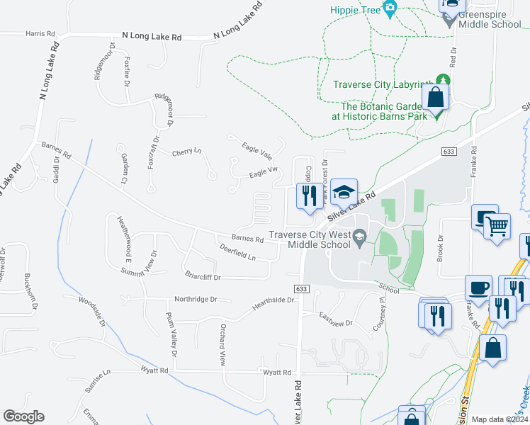 map of restaurants, bars, coffee shops, grocery stores, and more near 4058 Barnes Road in Traverse City