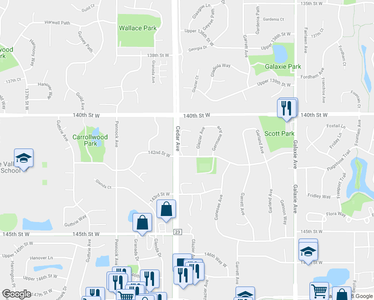 map of restaurants, bars, coffee shops, grocery stores, and more near 7413 142nd Street Court in Saint Paul