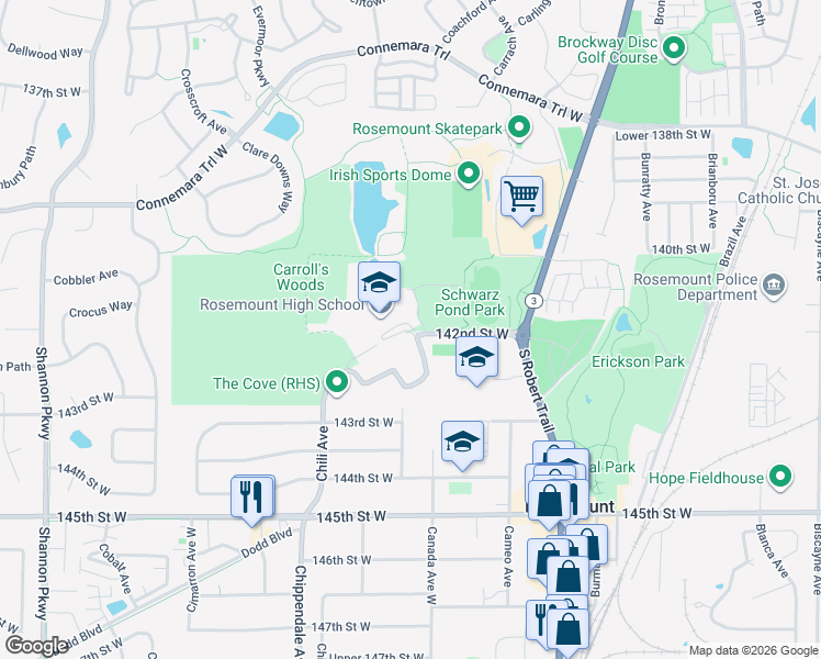 map of restaurants, bars, coffee shops, grocery stores, and more near 3335 142nd Street West in Rosemount