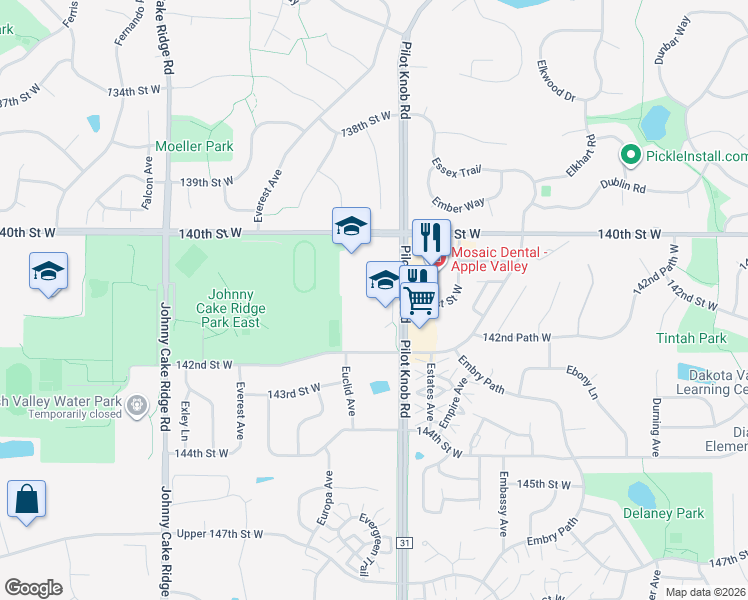 map of restaurants, bars, coffee shops, grocery stores, and more near 14011 Pilot Knob Road in Apple Valley
