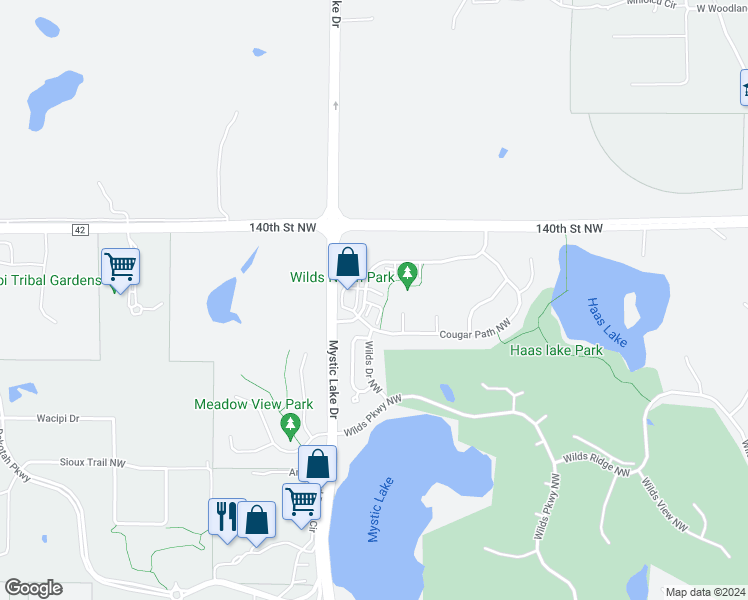 map of restaurants, bars, coffee shops, grocery stores, and more near 14171 Wilds Path Northwest in Prior Lake