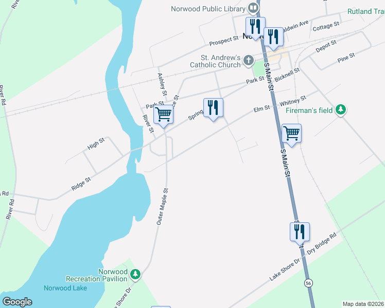 map of restaurants, bars, coffee shops, grocery stores, and more near 38 Elm Street in Norwood