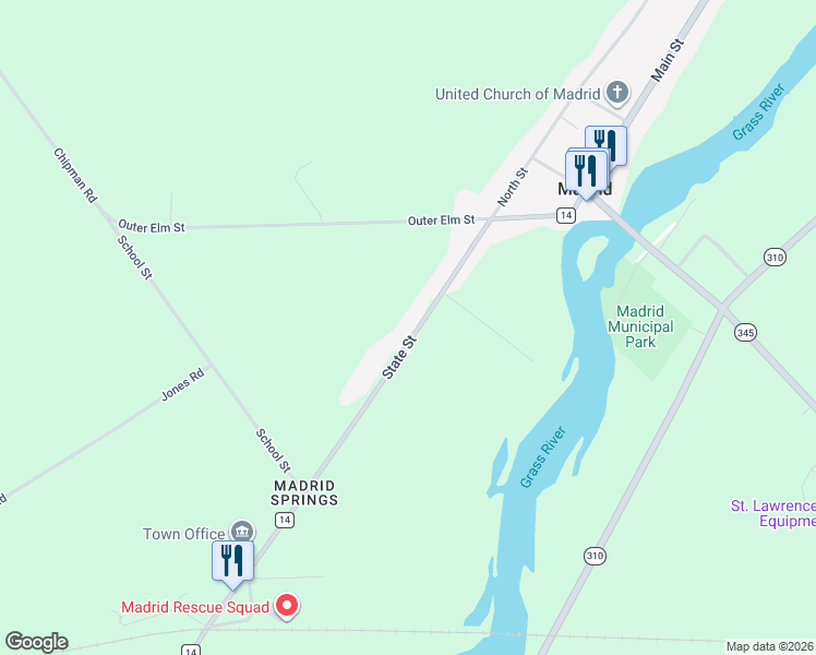 map of restaurants, bars, coffee shops, grocery stores, and more near 3649 County Route 14 in Madrid
