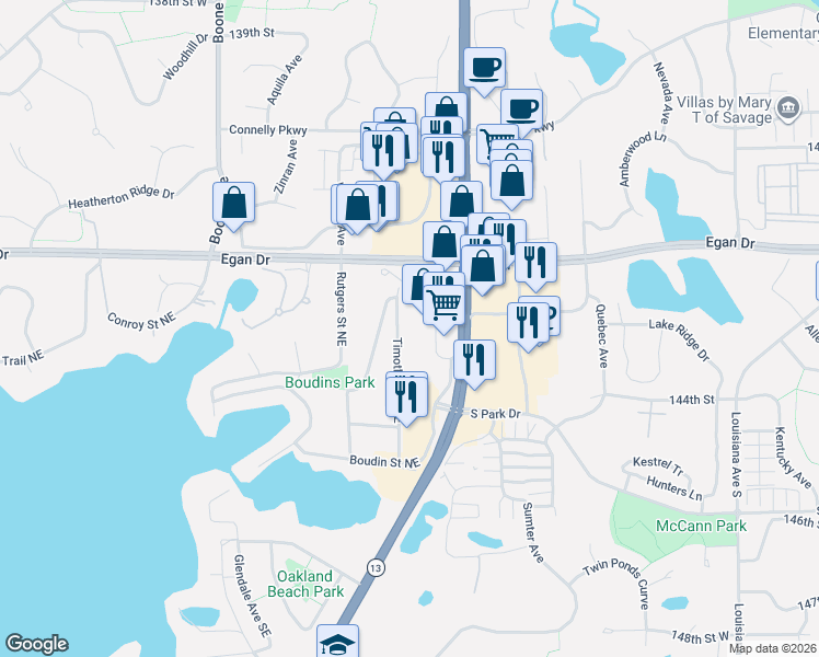 map of restaurants, bars, coffee shops, grocery stores, and more near 14111 Natalie Road Northeast in Prior Lake