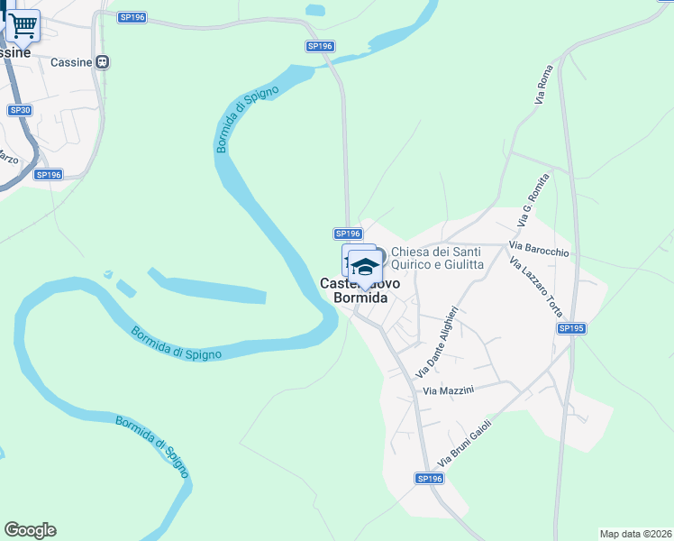 map of restaurants, bars, coffee shops, grocery stores, and more near Strada Castelnuovo in Alessandria