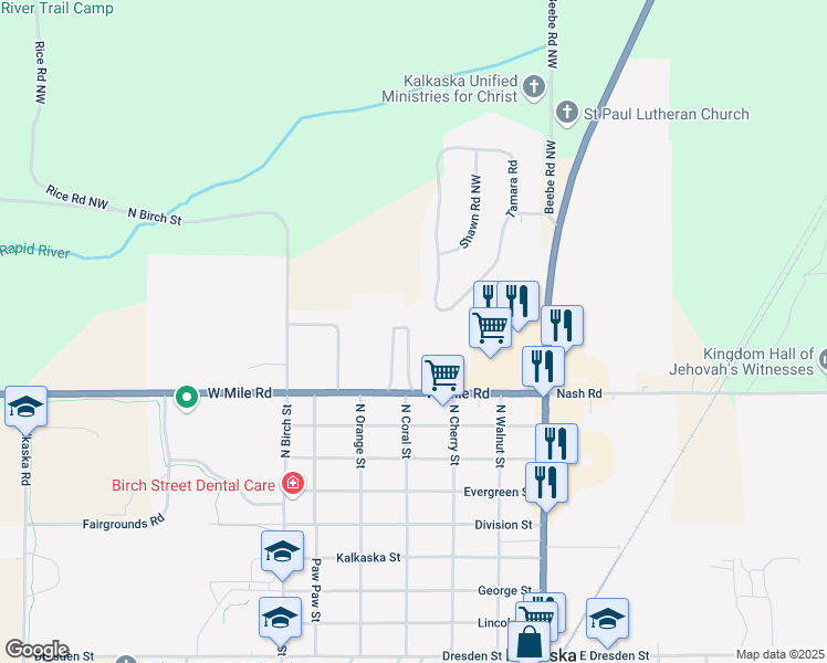 map of restaurants, bars, coffee shops, grocery stores, and more near 2235 Tamara Rd in Kalkaska