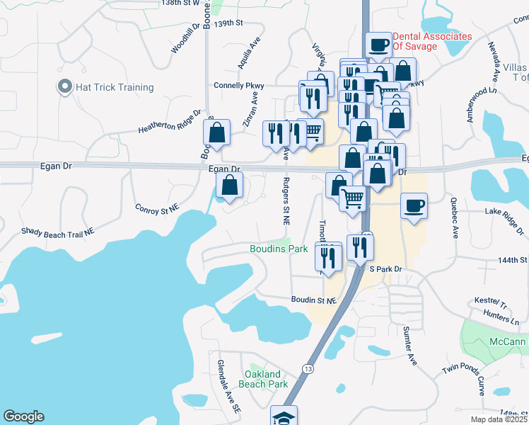 map of restaurants, bars, coffee shops, grocery stores, and more near 6535 Harbor Place Northeast in Prior Lake