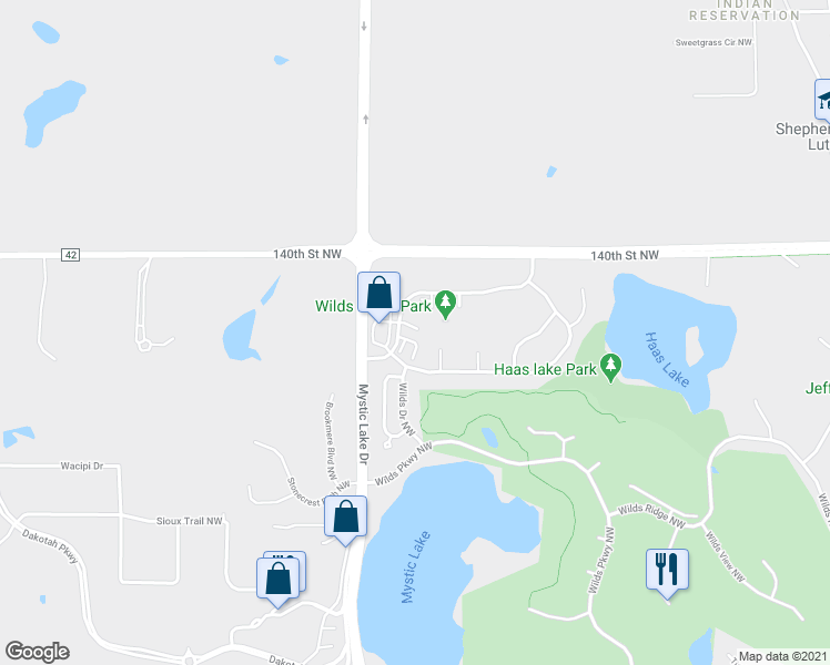 map of restaurants, bars, coffee shops, grocery stores, and more near 14163 Wilds Pth Northwest in Prior Lake