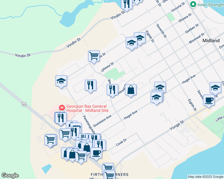 map of restaurants, bars, coffee shops, grocery stores, and more near Woodland Drive in Midland