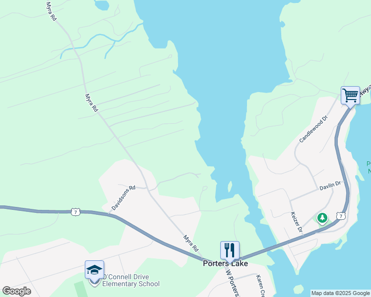 map of restaurants, bars, coffee shops, grocery stores, and more near 183 Myra Road in Porters Lake